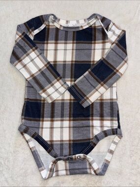 (3 for $10) PL baby Plaid Long-Sleeve One-Piece Bodysuit in Navy and Brown
